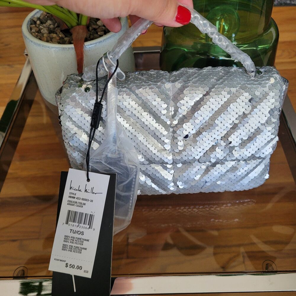 Nicole Miller Silver Sequin Handbag Chevron Quilted Crossbody Purse Evening Bag - Picture 12 of 12